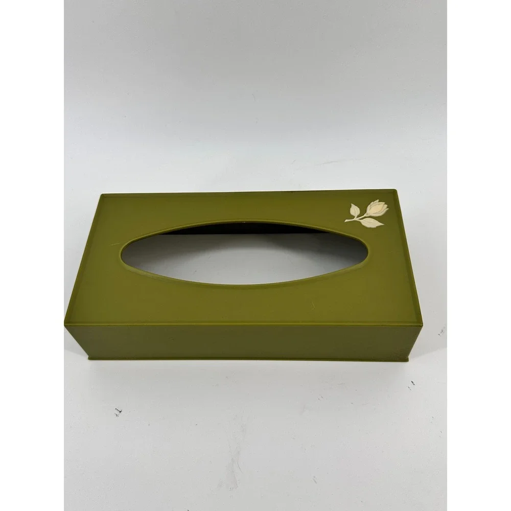 Vintage Olive Green Tissue Box Cover with Floral‎ Accent Retro Decor